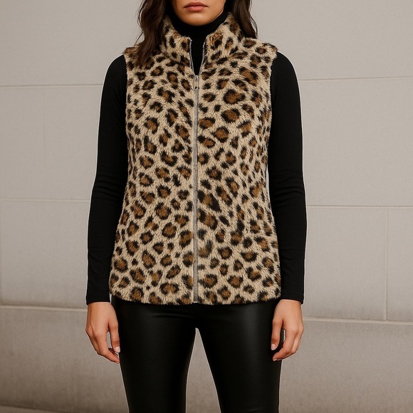 Lomon Jackets & Blazers - Lomon Leopard Print Faux Fur Fuzzy Zip Vest – Size Medium